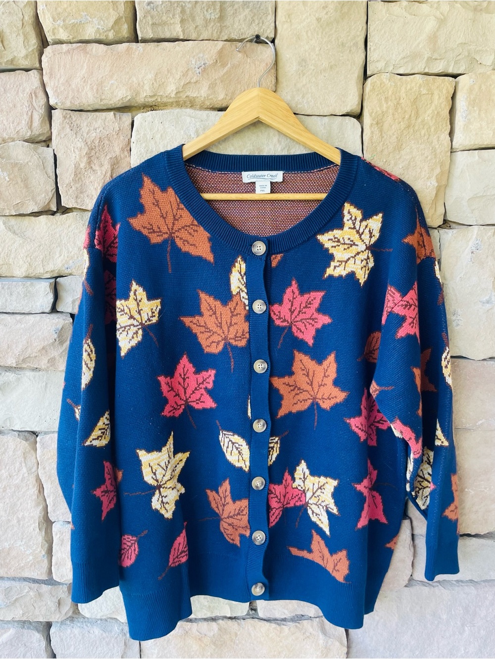Goldwater Creek Navy Leaf Print Button Cardigan Sweater